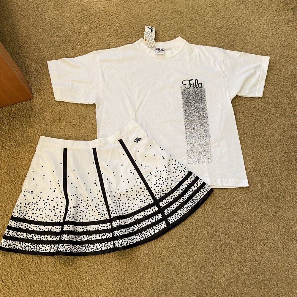 VTG FILA Tennis Pickleball Skirt Set Sz14 Crop Top 32" Black/White Speckles NWT